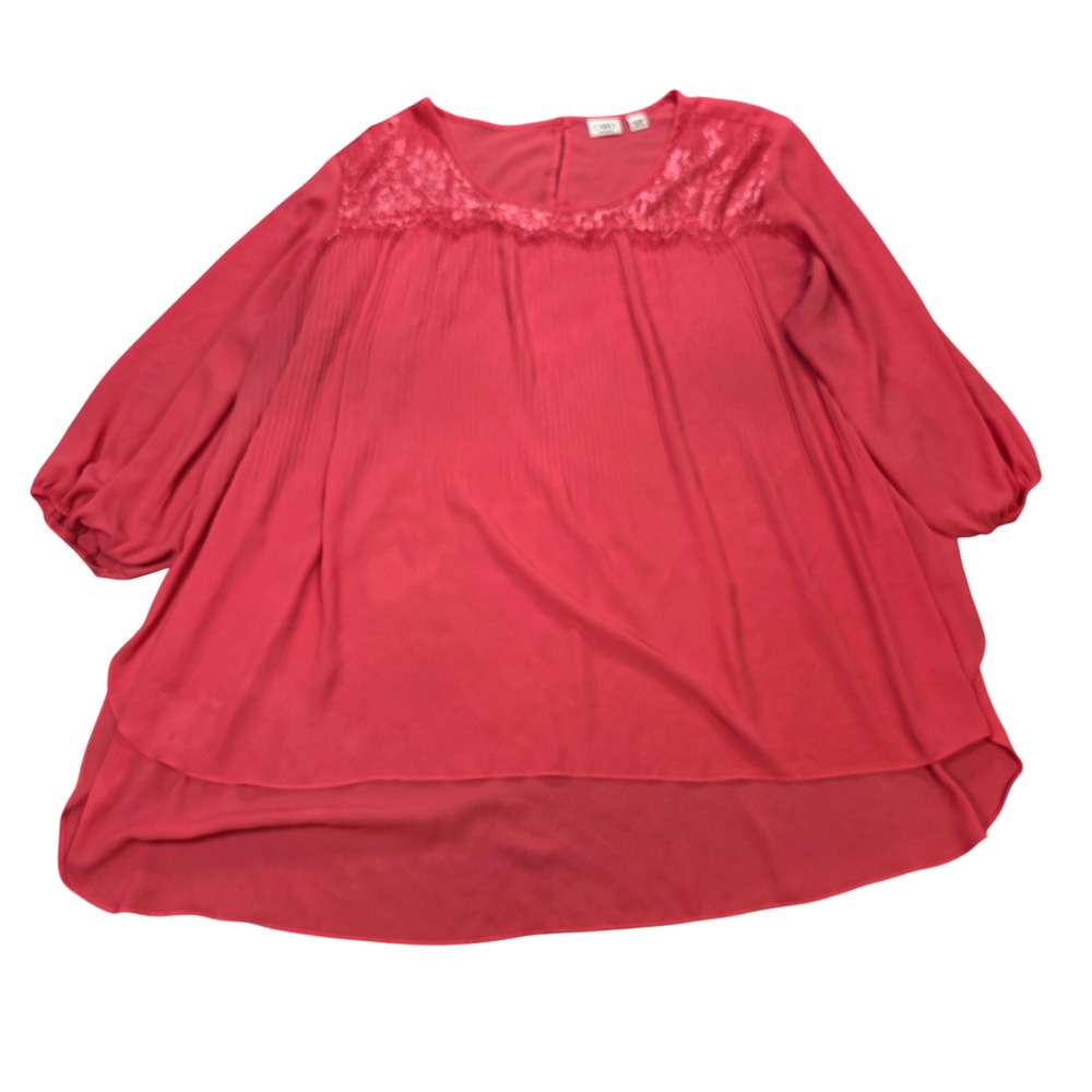 Cato Woman Pleated Lace Trim Blouse Women's Size 26/28W Coral Pink High-Low